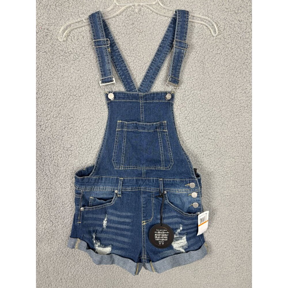 Dollhouse Juniors' Women's Distressed Denim Rolled-Cuff Shortalls Size 3 NWT's